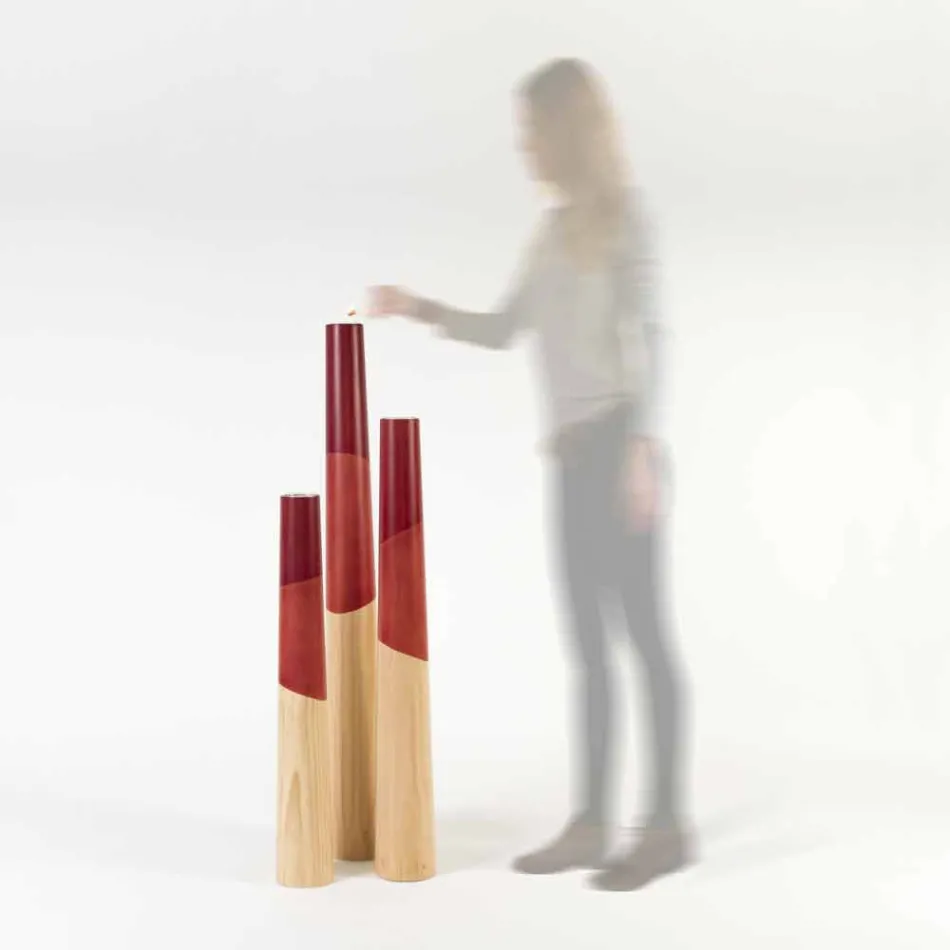Moderner Kerzenhalter aus massivem Kiefernholz mit farbigen Details - Offenheit Viadurini