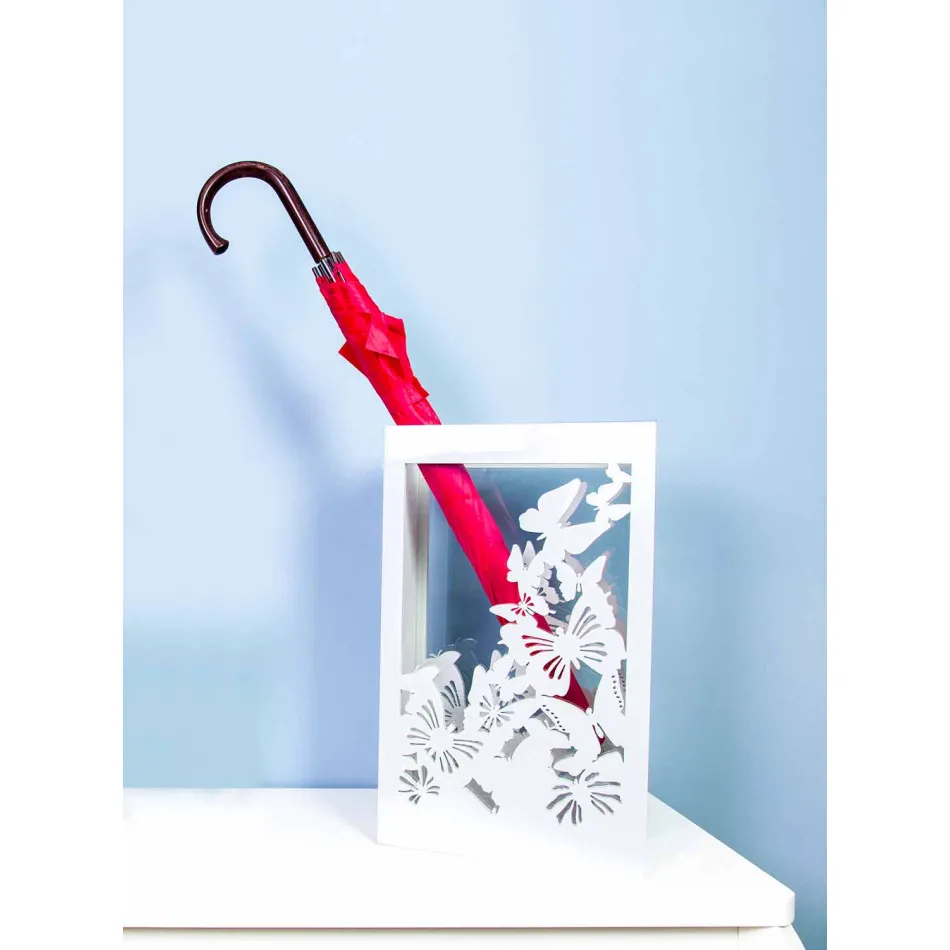 Weißer hölzerner Schirmständer mit modernem Design verziert mit Schmetterlingen - Papilio Viadurini