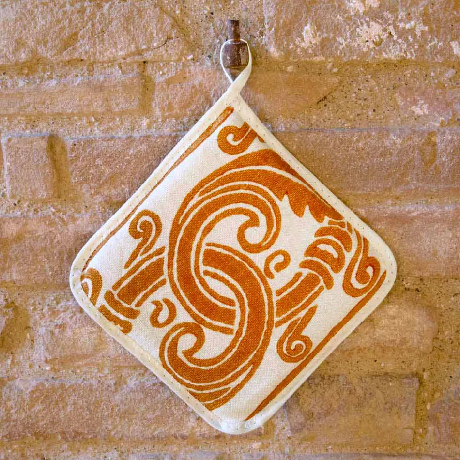 Topflappen italienischer Kunst aus reinem Leinen mit handbedrucktem Einzelstück - Marken Viadurini