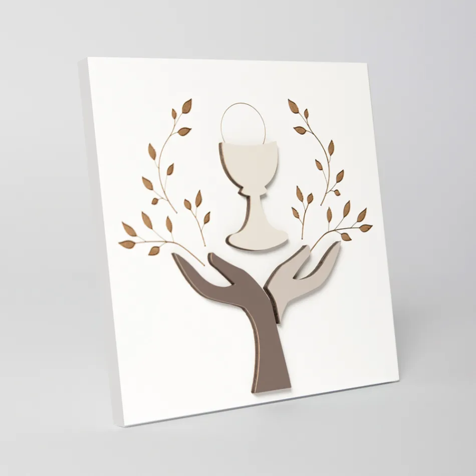 Bild mit Lasergravur von Olivenbaum und Hostie, hergestellt in Italien – Joel Viadurini