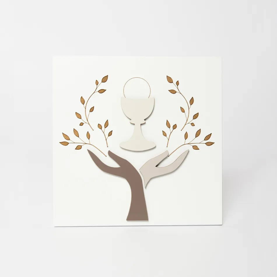 Bild mit Lasergravur von Olivenbaum und Hostie, hergestellt in Italien – Joel Viadurini