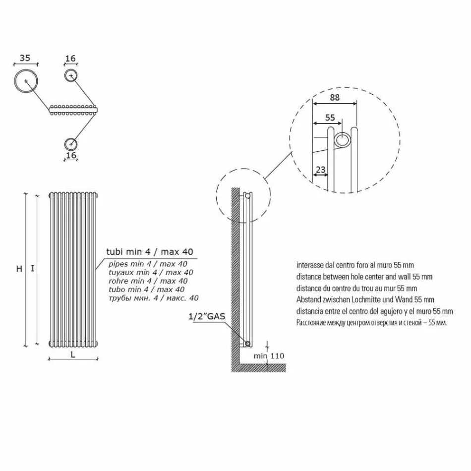 Hydraulischer Wandkühler aus farbigem Stahl mit doppelter Ausführung 1296 W - Kanarisch Viadurini
