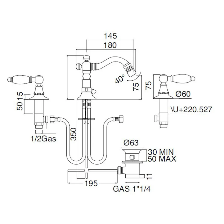 Klassischer 3-Loch-Bidethahn mit Messinghebeln, hergestellt in Italien – Noriana Viadurini