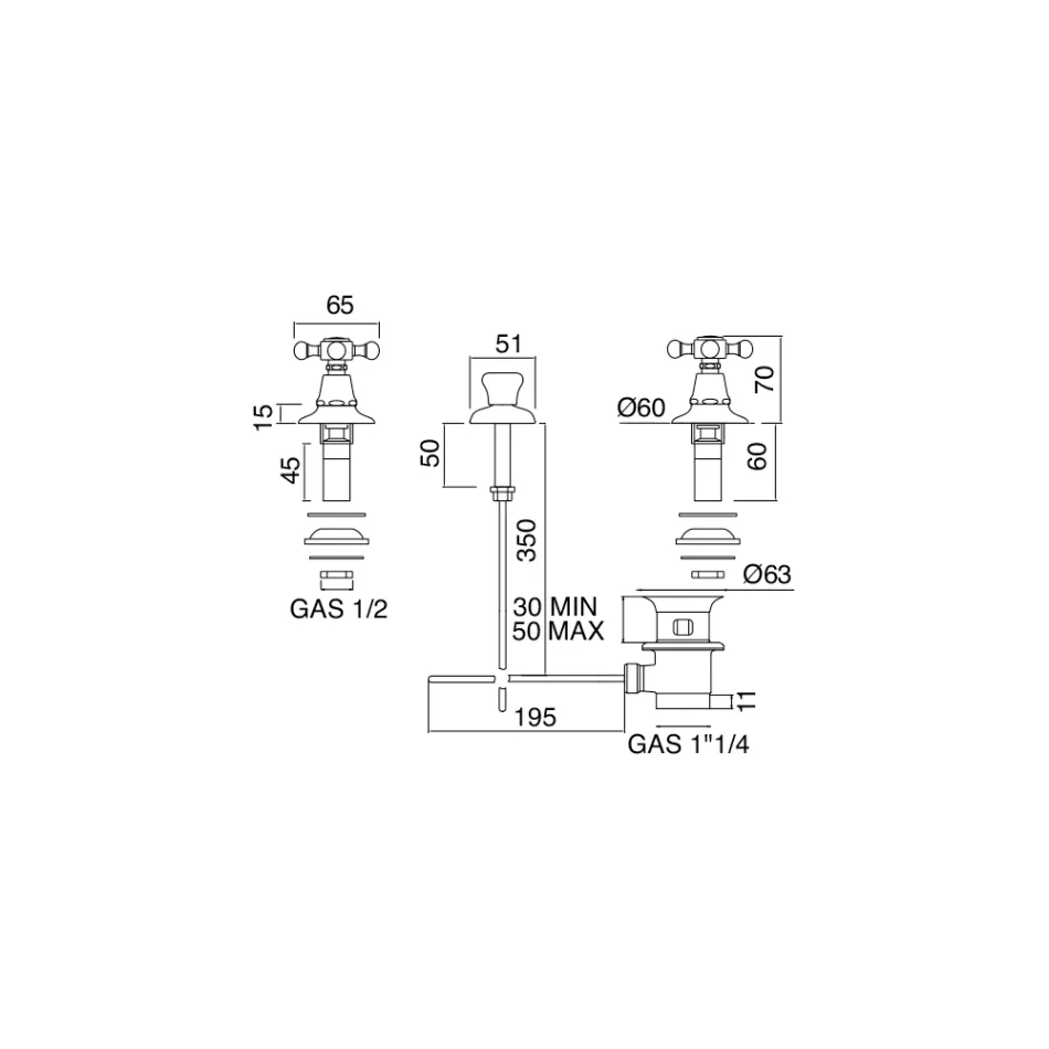3-Loch-Bidethahn aus Messing, hergestellt in Italien, Vintage-Stil – Ursula Viadurini