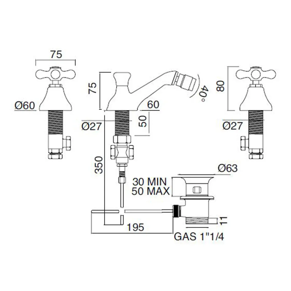 Klassischer 3-Loch-Bidethahn mit Ablaufgarnitur aus Messing, hergestellt in Italien – Ercolina Viadurini