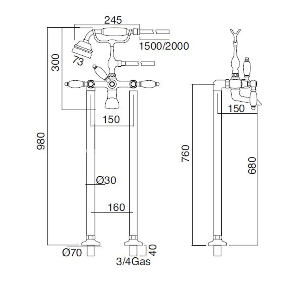 Bodenstehende Badewannenarmatur mit Handbrause aus Messing Made in Italy - Noriana Viadurini