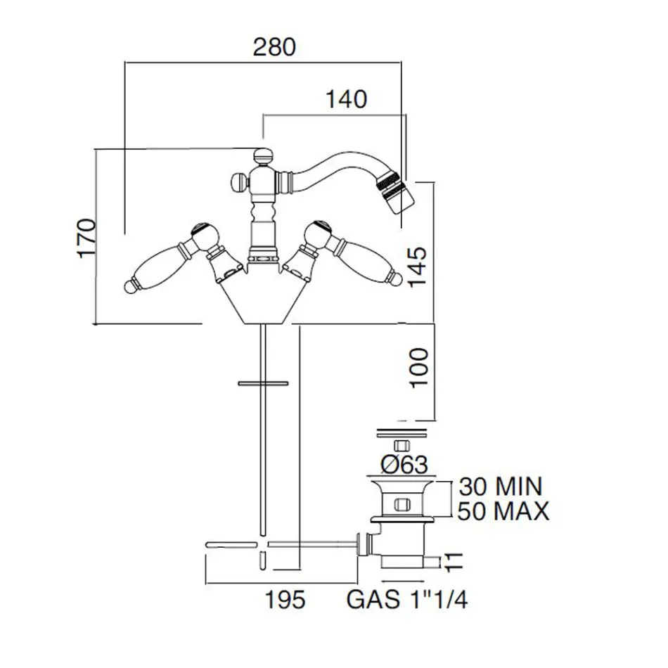 Klassischer Einloch-Bidethahn mit handgefertigten Messinghebeln – Noriana Viadurini
