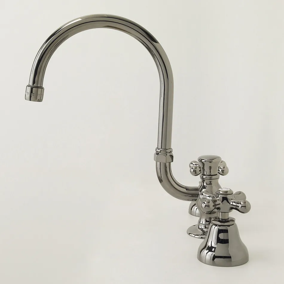 3-Loch-Waschtischarmatur aus Messing mit hohem Auslauf und Abfluss – Ercolina Viadurini