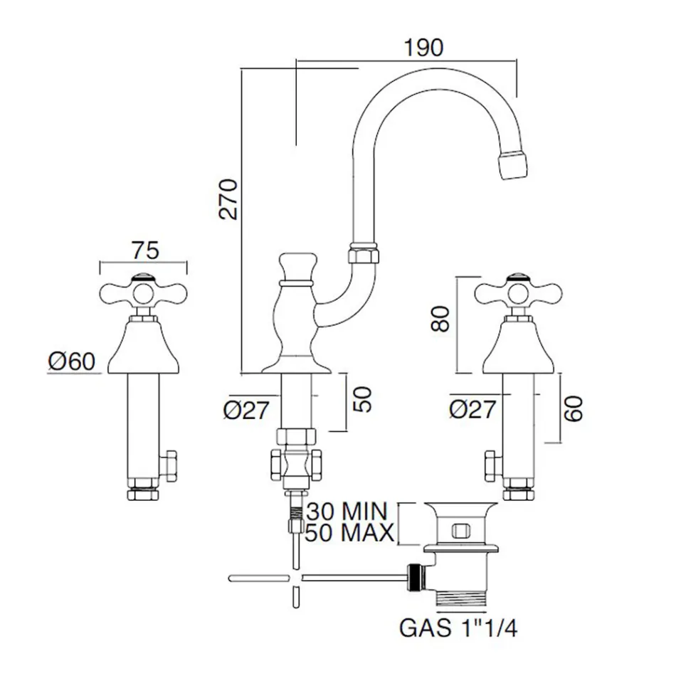 3-Loch-Waschtischarmatur aus Messing mit hohem Auslauf und Abfluss – Ercolina Viadurini
