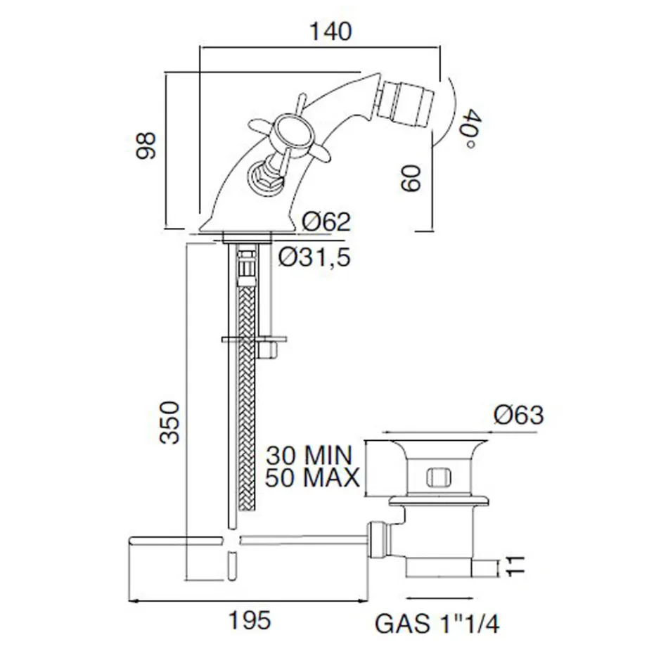 Klassischer Einloch-Bidethahn aus Messing und Butterfly-Griffen – Miriano Viadurini