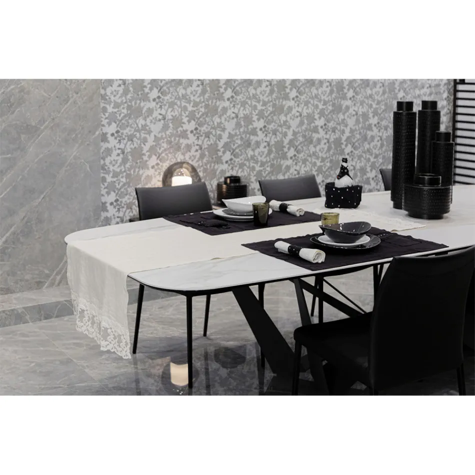 Tischläufer aus Leinen mit weißer Spitze, italienische Luxusqualität – Farnese Viadurini