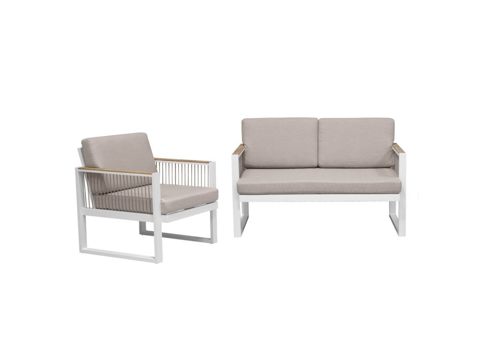 Outdoor-Wohnzimmer mit Sofa und 2 Sesseln aus Seilaluminium und Teak - Chaise Viadurini