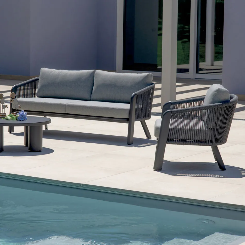 Smeria Garten-Lounge-Set aus Aluminium und gewebtem Seil mit Kissen Viadurini