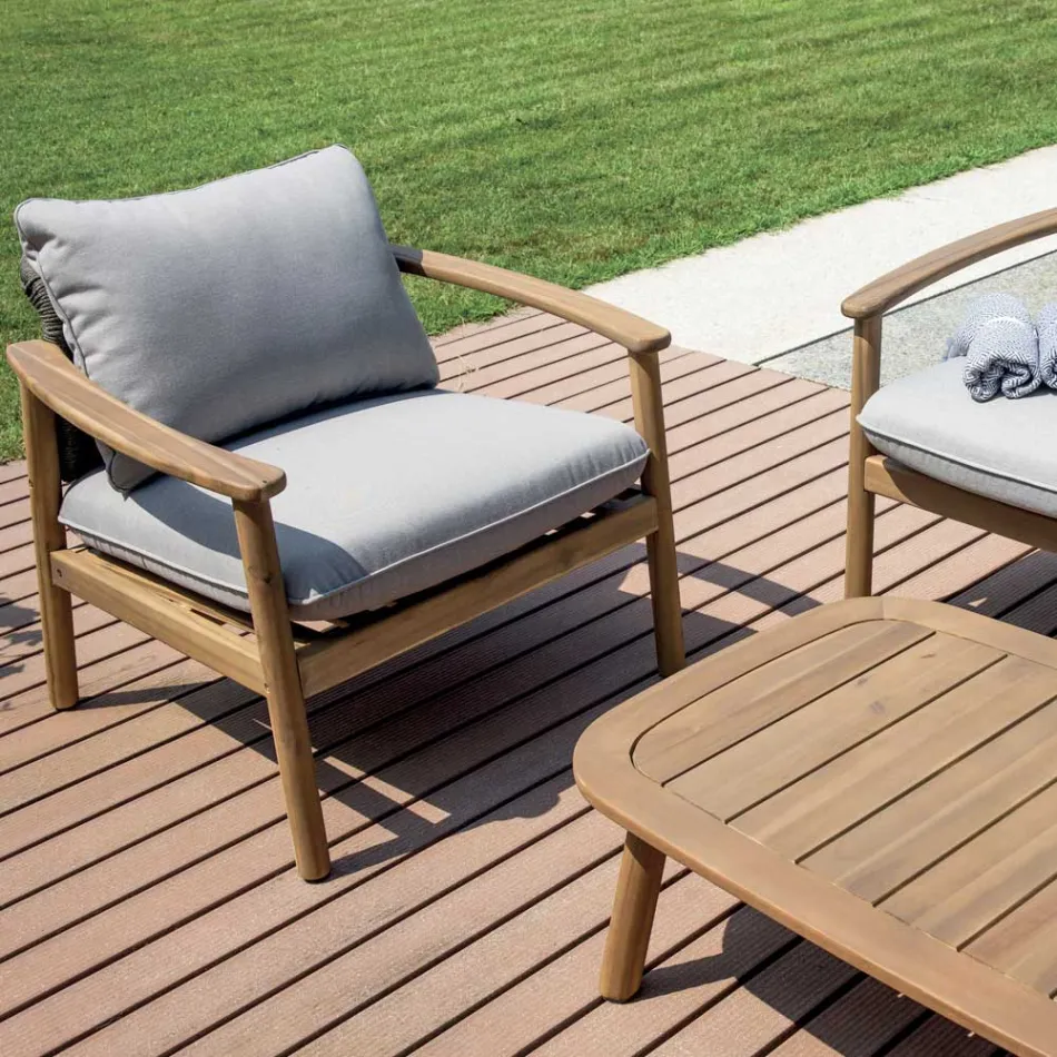 Rosira Gartenlounge-Set aus Akazienholz mit Seil- und grauen Kissen Viadurini