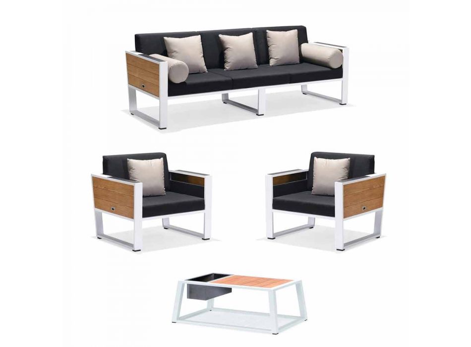 Outdoor Lounge 3-Sitzer-Sofa aus Aluminium und Teakholz, 2 Sessel und Couchtisch - Hatice Viadurini