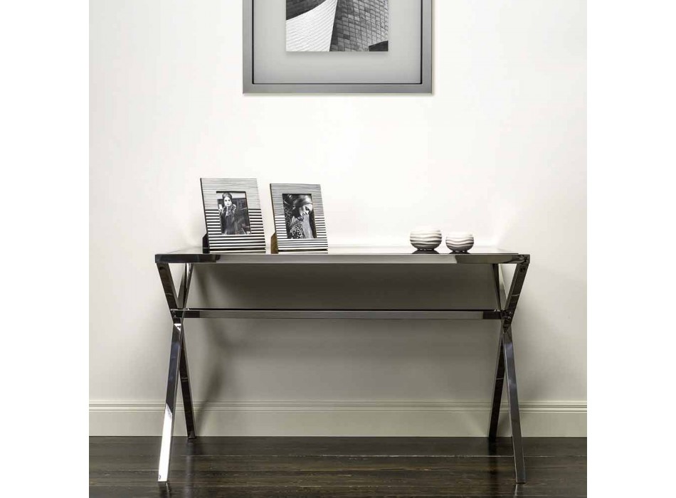 Design Schreibtisch aus Stahl und glänzend schwarzem Glas L120xH75cm Millon Viadurini