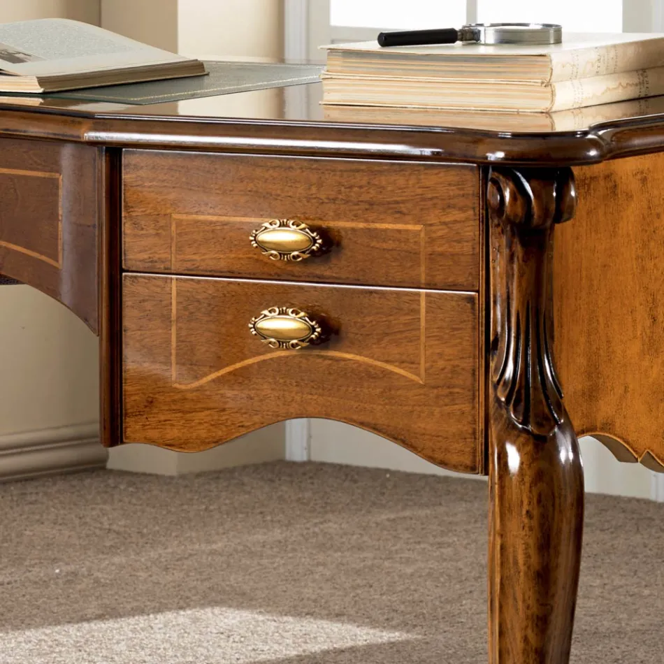 Klassischer Schreibtisch 5 Schubladen aus Holz und Kunstleder Made in Italy - Commodo Viadurini