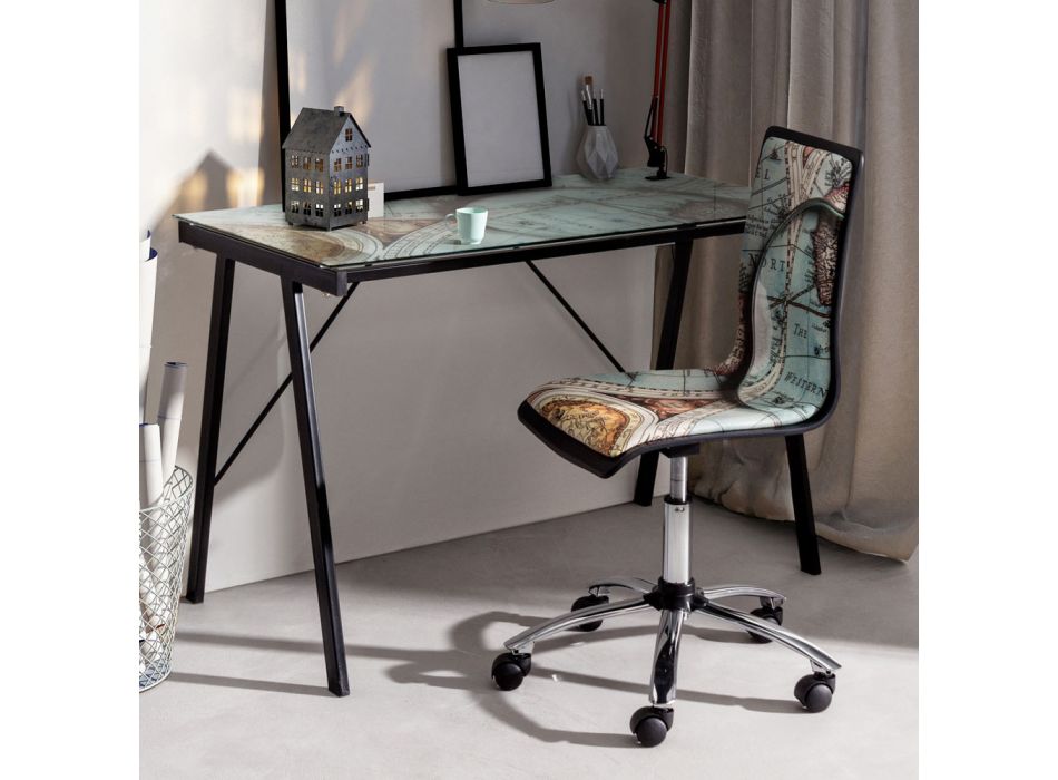 Drehbarer Bürostuhl aus Stahl und Kunstleder mit Kartendruck - Lollo Viadurini