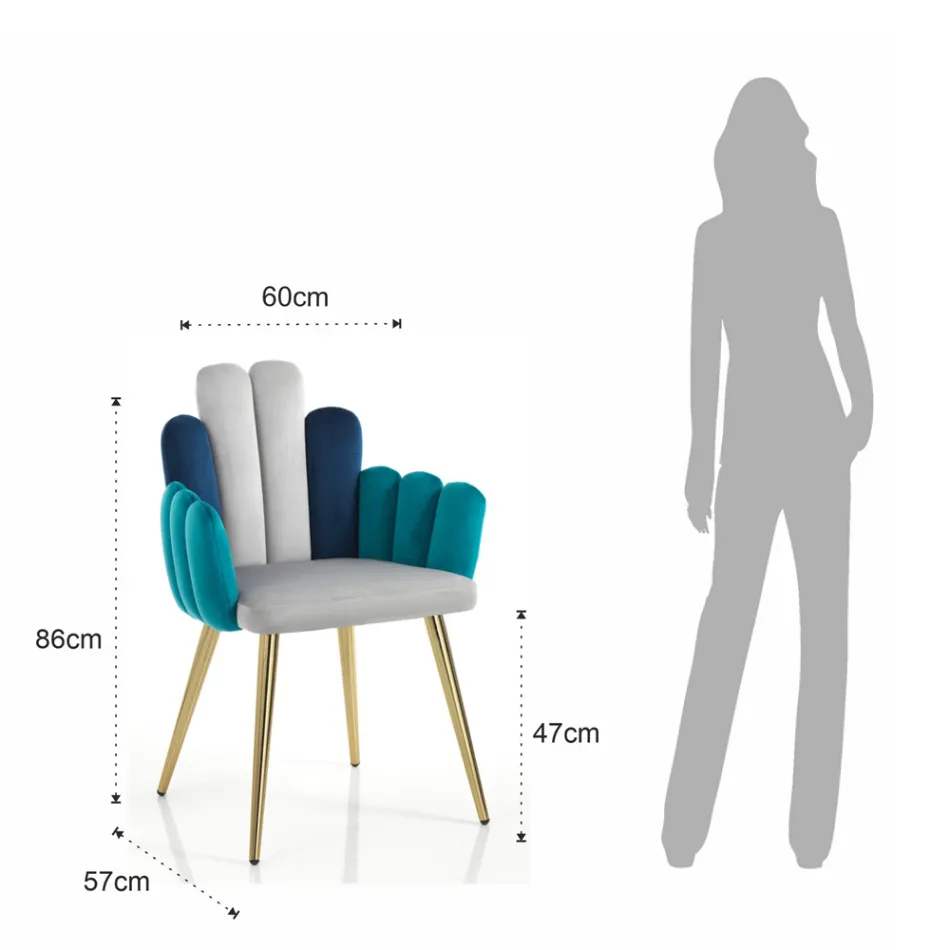 Stuhl aus grauem, grünem und blauem Stoff mit Samteffekt – Wassermelone Viadurini