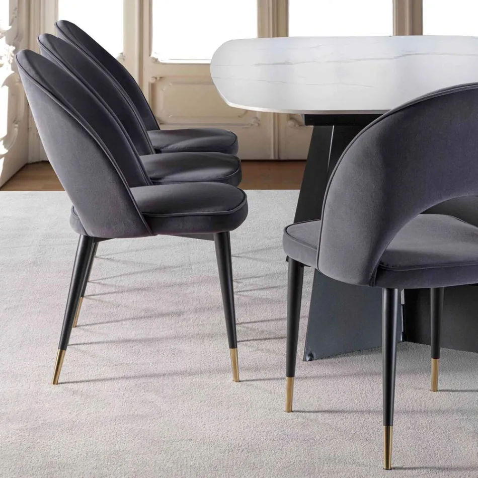 Samtstuhl mit Beinen aus schwarzem Metall und satiniertem Messing, 4 Stück - Sibea Viadurini