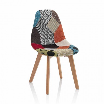 Moderner Stuhl aus Patchworkgewebe mit Holzbeinen, 4 Stück - Selena Viadurini
