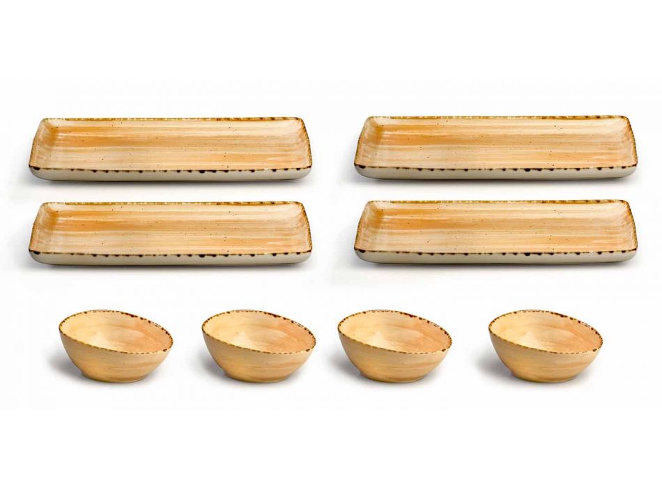 Set mit 8 modernen rechteckigen Designplatten und farbiger Steinzeugschale - Simba Viadurini