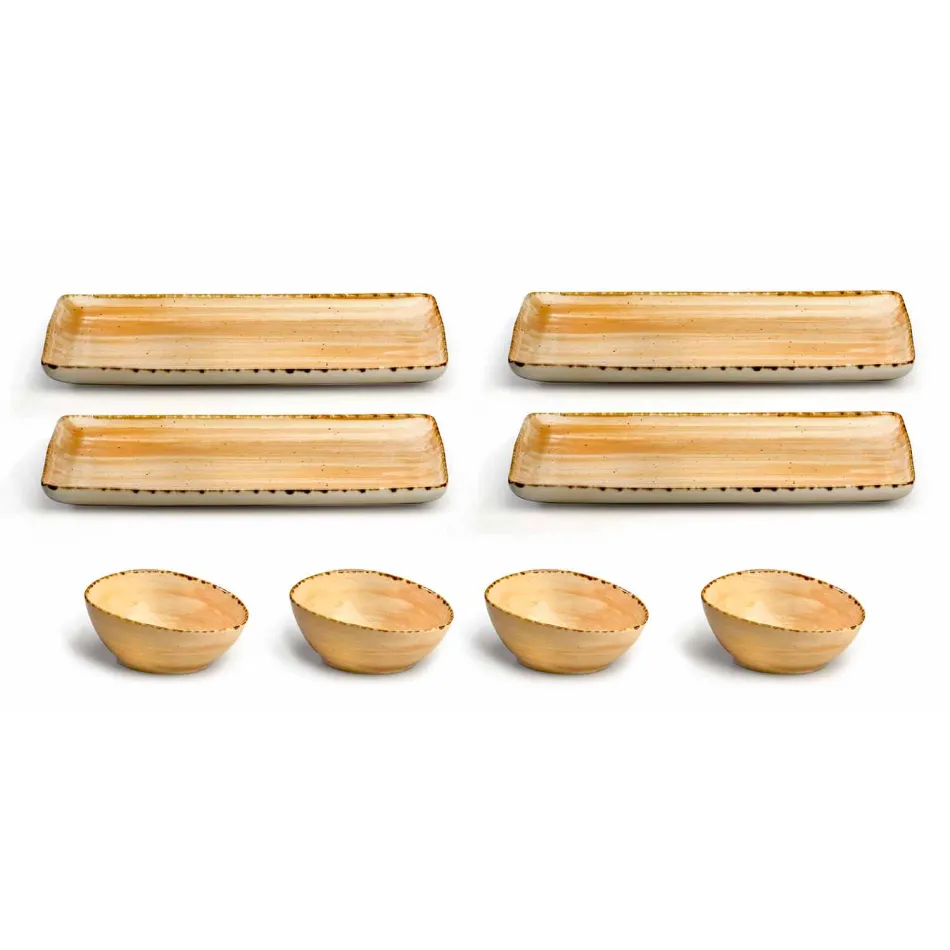 Set mit 8 modernen rechteckigen Designplatten und farbiger Steinzeugschale - Simba Viadurini