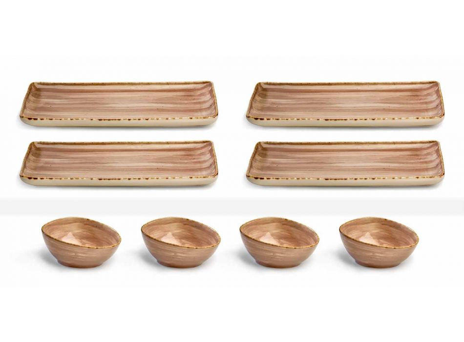 Set mit 8 modernen rechteckigen Designplatten und farbiger Steinzeugschale - Simba Viadurini