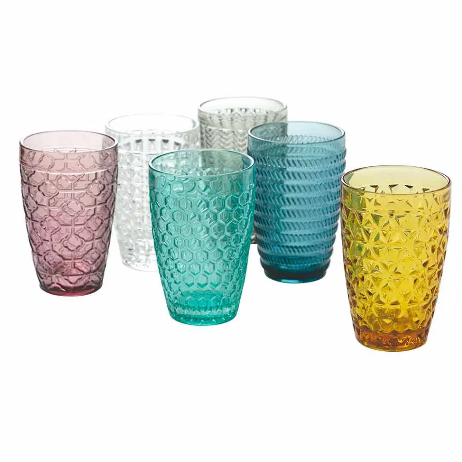 Modernes Glas-Trinkgeschirr Set aus verziertem Glas 12 Stück - Mix Viadurini
