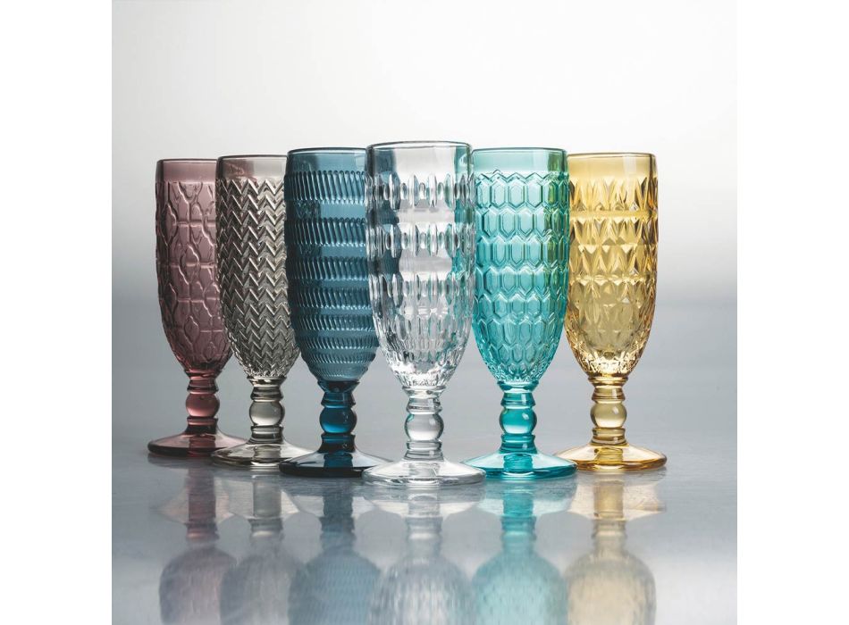 Flötenkelch-Set aus farbigem Glas und verschiedenen Dekorationen 12-teilig - Mix Viadurini