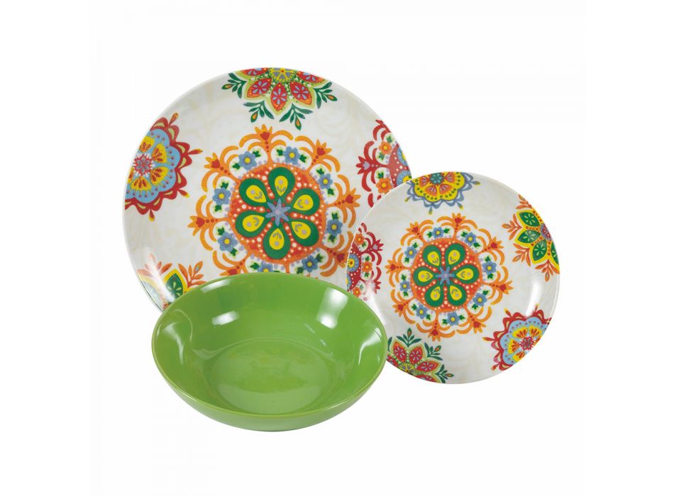 Ethnisches farbiges Porzellan- und Steinzeug-Geschirrservice 18-teilig - Ibizia Viadurini