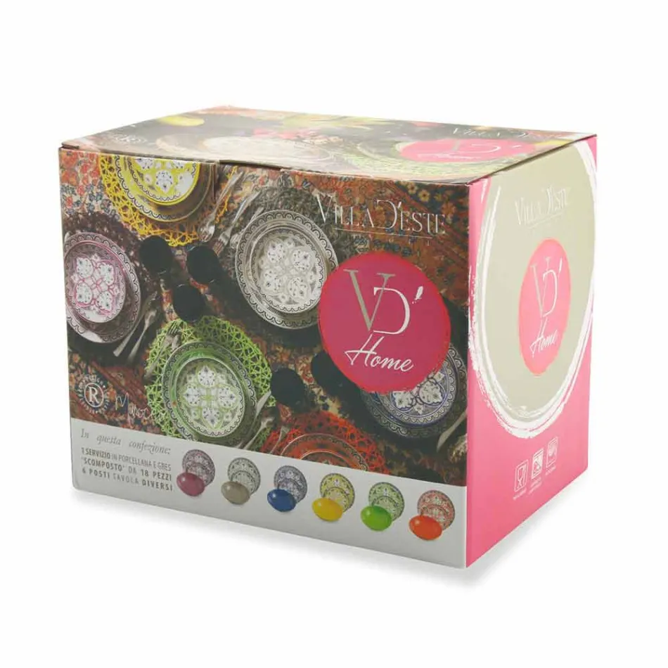 Ethnischer Geschirrservice aus Porzellan und farbigem und modernem Steinzeug 18 Stück - Fez Viadurini
