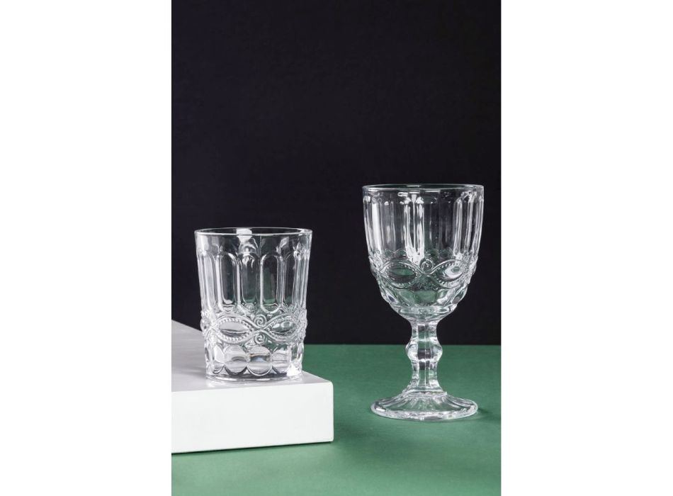 Set mit 12 Gläsern à 300 ml aus transparentem Glas mit Reliefdekor - Villa Viadurini