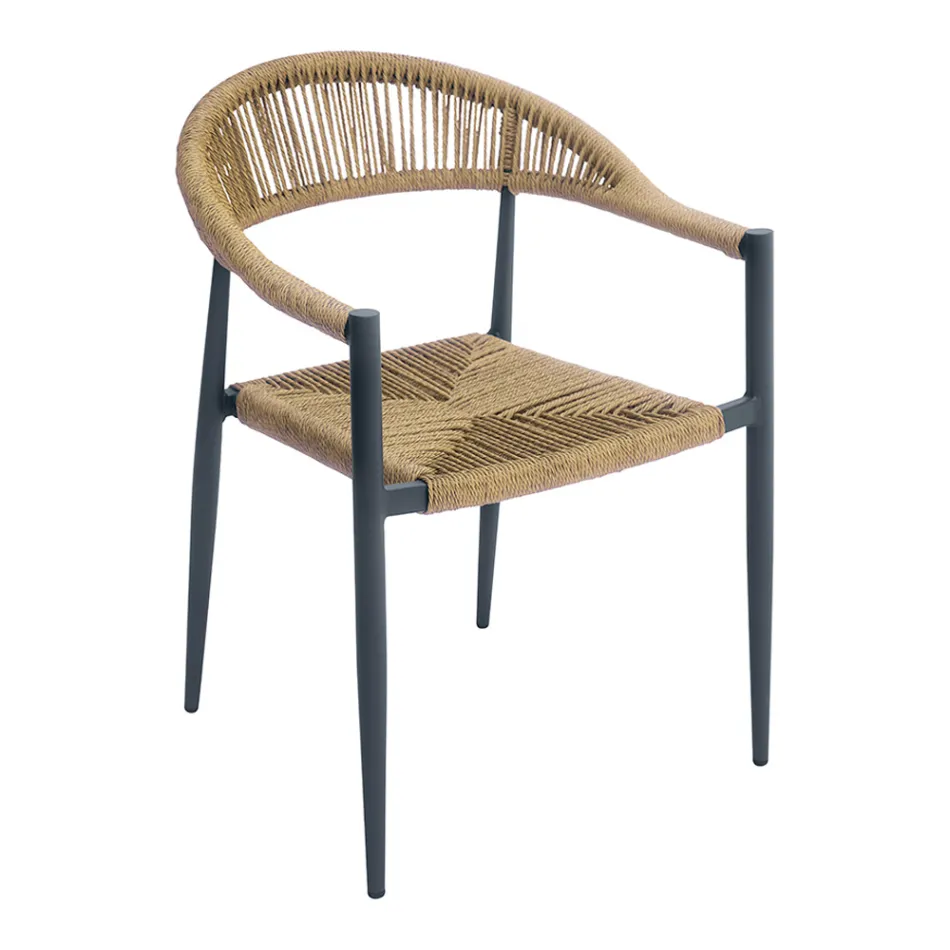 Set aus 4 Armlehnstühlen aus Aluminium und gedrehtem Rattan - Tavira Viadurini