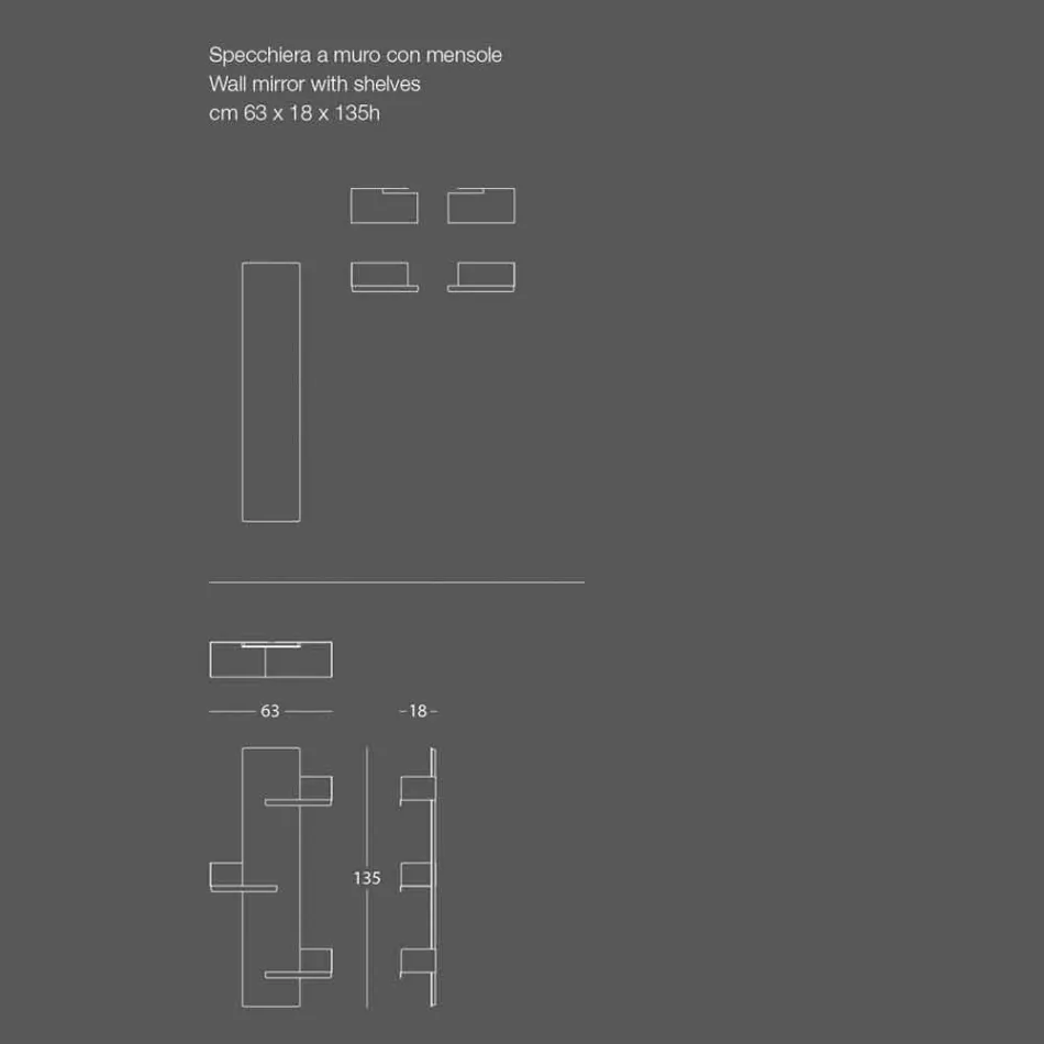 Wandspiegel und 3 farbige Metallregale rechts oder links - Noelle Viadurini