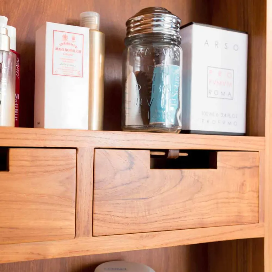 Wandspiegel aus Teakholz mit Regalen und internen Schubladen - Ralio Viadurini