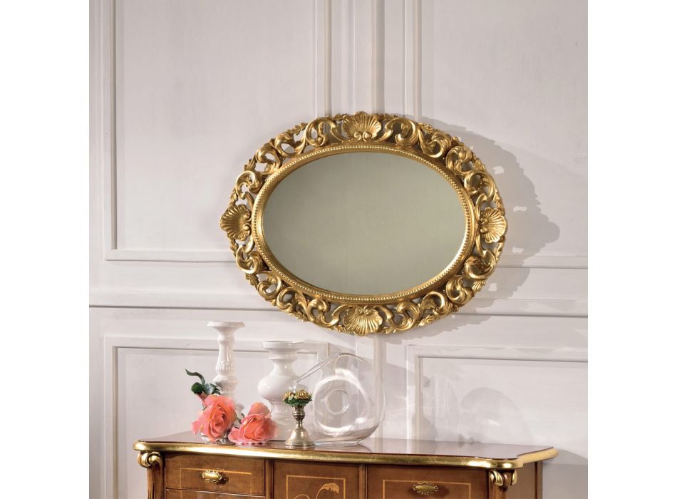 Ovaler Spiegel mit perforiertem Holzrahmen aus Blattgold Made in Italy - Florenz Viadurini