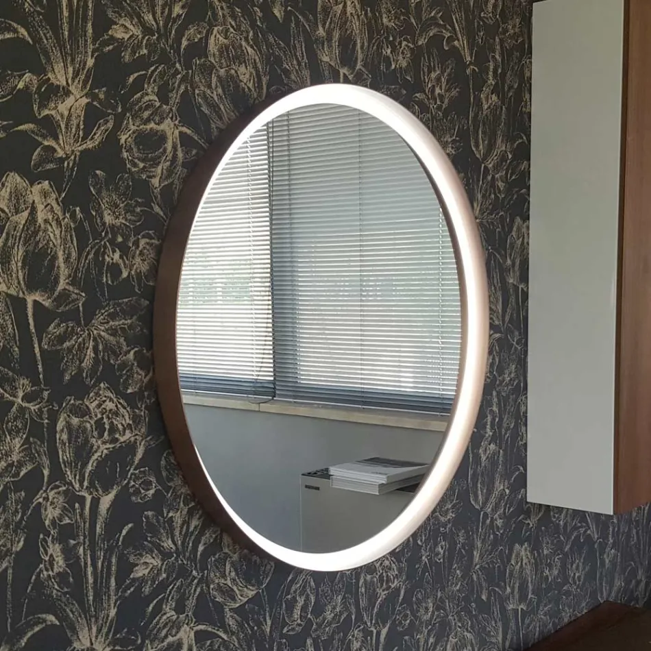 Runder Wandspiegel mit Metallrahmen in verschiedenen Farben und LED-Licht - Renga Viadurini