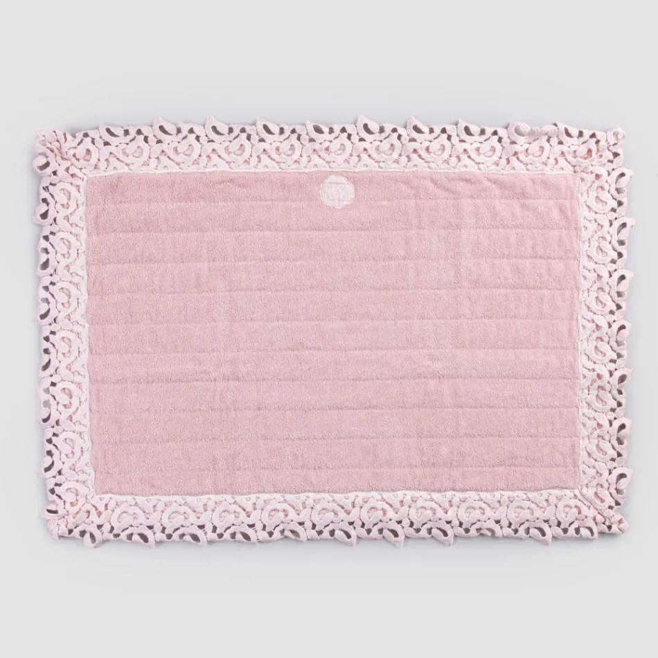 Badezimmerteppich aus Baumwoll- und Leinenschwamm mit Poema-Spitze, 2 Farben – Cuorotto Viadurini