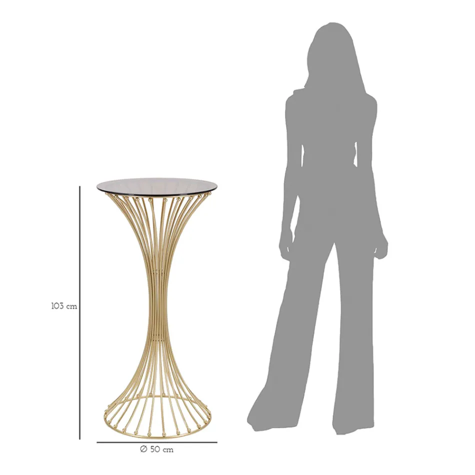Runder hoher Couchtisch aus goldenem Eisen mit Kugeln und Rauchglasplatte - Dexter Viadurini