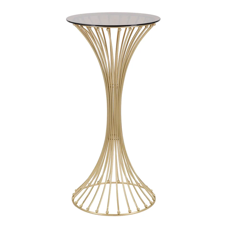 Runder hoher Couchtisch aus goldenem Eisen mit Kugeln und Rauchglasplatte - Dexter Viadurini