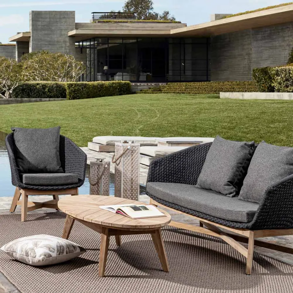 Niedriger Outdoor-Couchtisch aus Teakholz mit ovaler Platte, Homemotion – Ricardo Viadurini