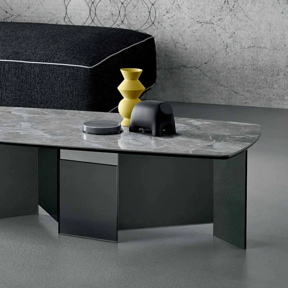 Niedriger Couchtisch Wohnzimmer Keramikplatte und Beine aus Rauchglas 3 Größen - Zufällig Viadurini