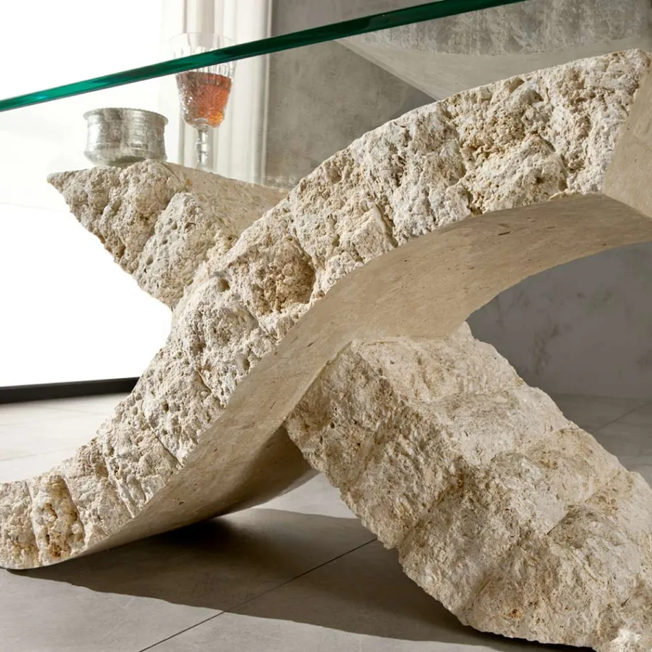 Fossil Stone Couchtisch mit Platte aus gehärtetem Glas – Isabel Viadurini