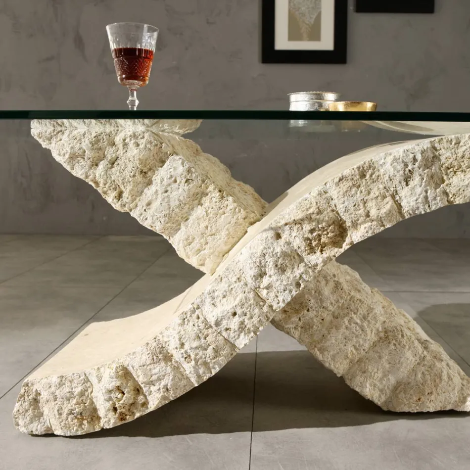 Fossil Stone Couchtisch mit Platte aus gehärtetem Glas – Isabel Viadurini