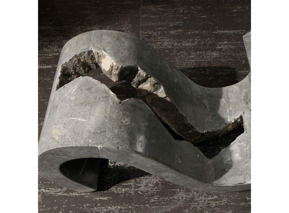 Couchtisch aus gehärtetem Glas mit Sockel aus Fossilstein – Jordan Viadurini