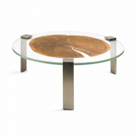 Niedriger runder Couchtisch mit Glasplatte und Buck-Holz Viadurini