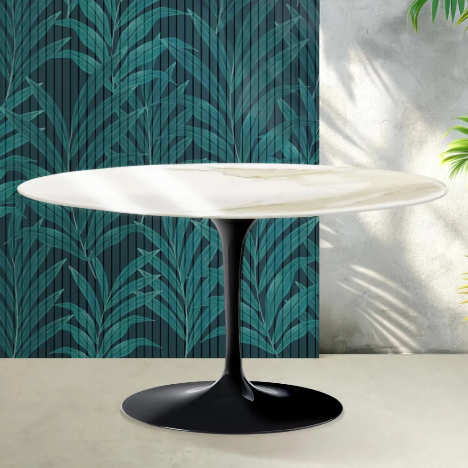 Saarinen Tulip Ovaler Couchtisch H 41 cm in glänzendem Calacatta Gold Florim Keramik - Scharlachrot Viadurini