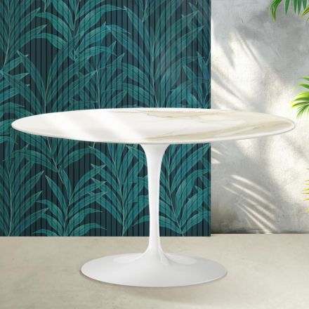 Saarinen Tulip Ovaler Couchtisch H 41 cm in glänzendem Calacatta Gold Florim Keramik - Scharlachrot Viadurini