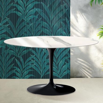 Saarinen Tulip Ovaler Couchtisch H 41 cm in glänzender Statuario Florim Keramik - Scharlachrot Viadurini